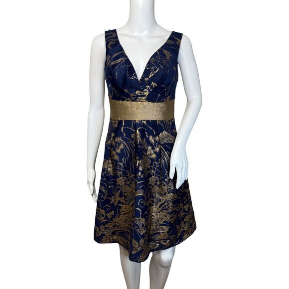 Anthropologie Eva Franco Dress Womens 2 Blue Gold Floral ShangriLa Kora Jacquard - Picture 1 of 9
